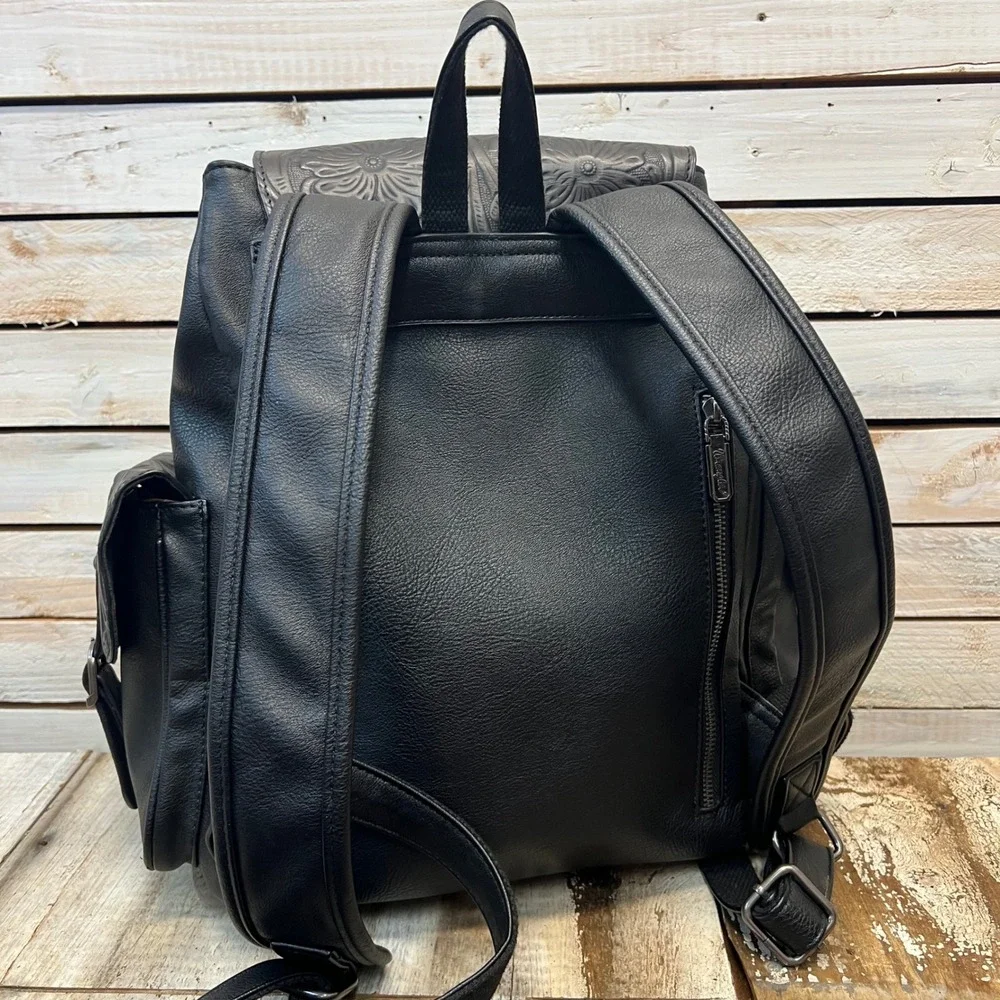 Wrangler Genuine Cowhide Tooled Floral Backpack Black Western Cowgirl Book Bag